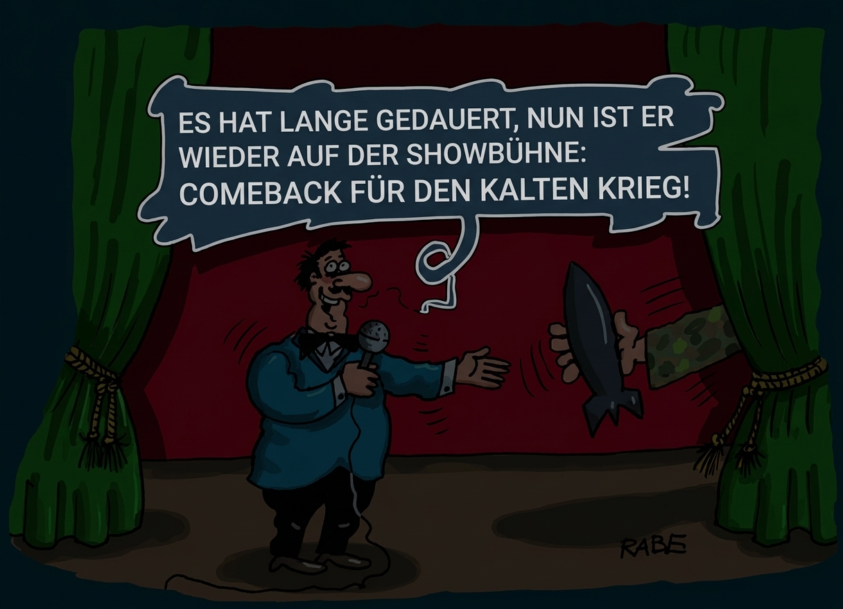 Karikatur: Moderator auf Bühne, Hand reicht Rakete hinter Vorhang, Sprechblase: 'Comeback für den Kalten Krieg'.